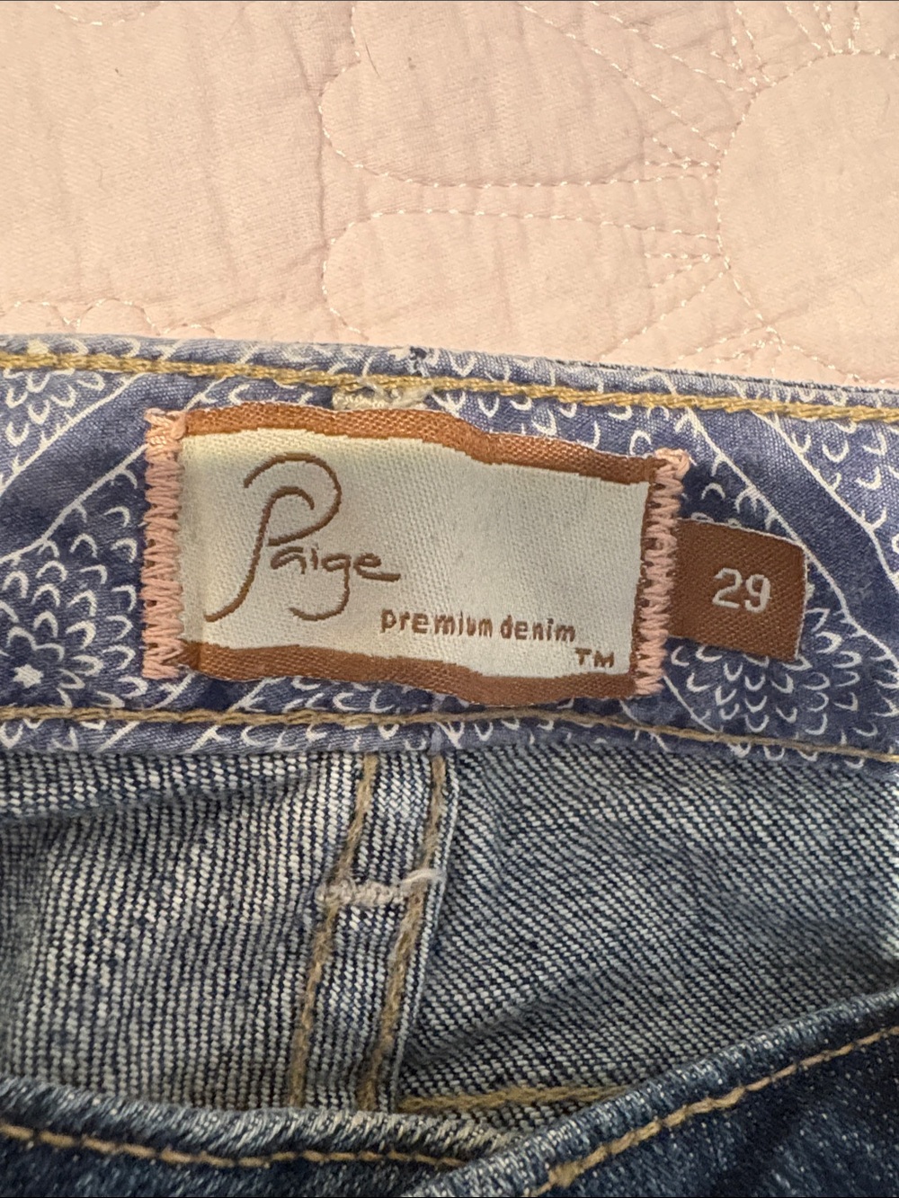 PAIGE Blue Denim Jeans with Patterned Waistband